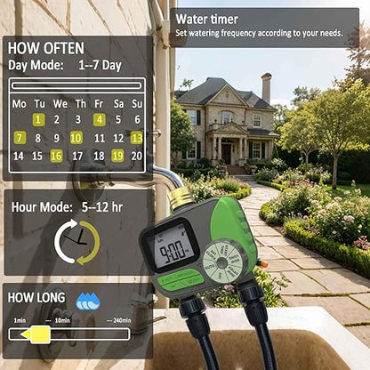 Drip Irrigation System for Garden with Water Timer Main ID 1/2inch 32Ft and 1/4inch 131Ft Water Hose, 2-Zone Automatic Watering System Sufficient Water Irrigation Dripper Waterflow Evenly Easy DIY