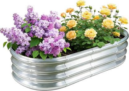 GOOZOO Galvanized Planter Raised Garden Bed, 4x2x1 ft Silver | For vegetables, flowers, herbs, fruits. Oval metal box. Easy assembly. Rust-resistant galvanized steel.Outdoor use. 1ft depth