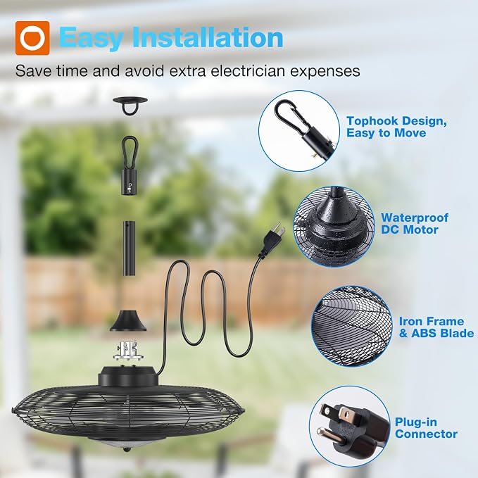 addlon Outdoor Ceiling Fan with Light for Patios, 20" IP65 Waterproof Gazebo Fan Remote&APP Control, 6 Speeds, 3CCT Dimmable, Plug in Ceiling Fan with Hook Hanging Caged Fan for Pergola Porch Canopy
