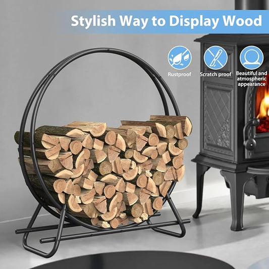 40 Inch Metal Pipe Firewood Rack Circle - Black Steel Log Holder for Indoor and Outdoor Use,Firewood Storage Organizer for Fireplace, Patio, or Backyard (3.3 FT Diameter Rack)