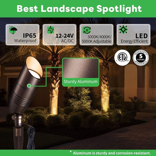 3CCT LED Spotlight, 3000K/4000K/5000K Selectable Low Voltage Landscape Lights, IP65 Waterproof ORB Aluminum, Perfect for Outside Backyard Fence Patio 8 Pack