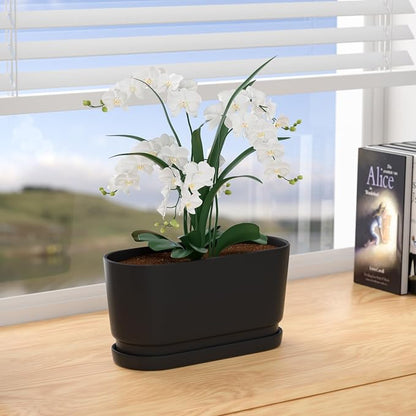 13" Rectangular Ceramic Planter with Drainage and Saucer, Black | Indoor Outdoor Use, 13"L x 5.5"W x 6.3"H, Modern Home Decor, Window Box Planter, Matte Black