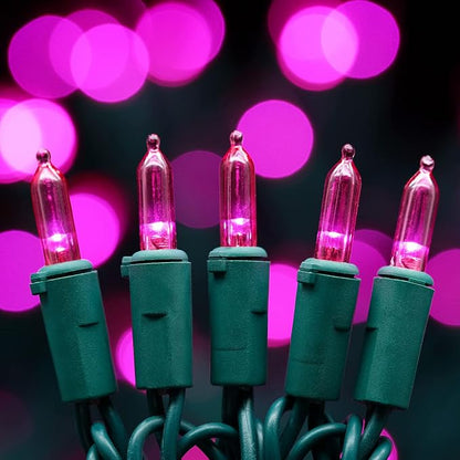 YULETIME 200 Pink LED Christmas Lights, 66 ft Green Wire UL String Light | Stay Lit, End-to-End Connectable, UL Certified, Commercial Grade, 1-Strand 200 Lights, 4" Spacing