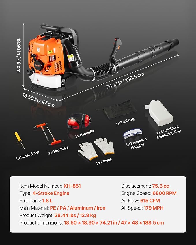 VEVOR Backpack Leaf Blower, 75.6CC 4-Stroke Engine Gas Powered Leaf Blower with 1.8L Fuel Tank, 615 CFM Air Volume, 179 MPH Air Speed, Ideal for Lawn Care, Leaves Cleaning, Yard Debris & Snow Removal | 1.8L Fuel Tank, 615 CFM Air Volume, 179 MPH Air Sp...