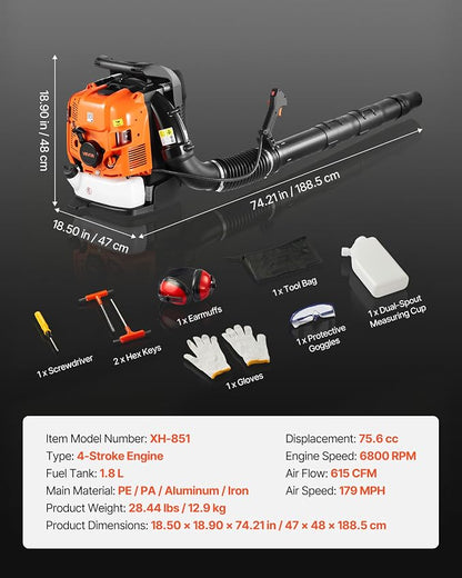 VEVOR Backpack Leaf Blower, 75.6CC 4-Stroke Engine Gas Powered Leaf Blower with 1.8L Fuel Tank, 615 CFM Air Volume, 179 MPH Air Speed, Ideal for Lawn Care, Leaves Cleaning, Yard Debris & Snow Removal | 1.8L Fuel Tank, 615 CFM Air Volume, 179 MPH Air Sp...