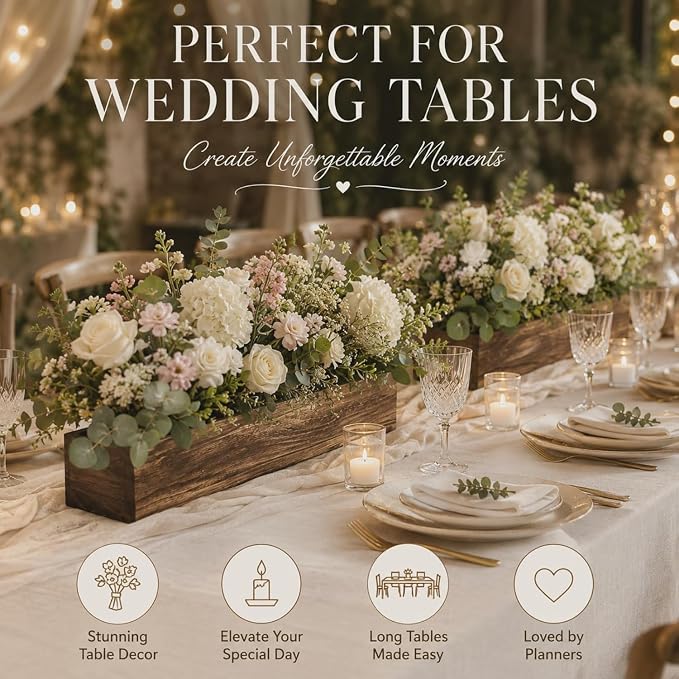 Dandat 2 Set Wood Boxes for Centerpieces 28x5 Inch Rectangle Wooden Planter Box Rustic Wood Planter with Removable Plastic Liner Floral Foam Blocks for Christmas Wedding Home Garden Decor(Dark Brown)
