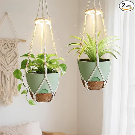 2 Pack Self Watering Hanging Planters with Grow Light for Indoor Plants | 10 Brightness, 3 Light Modes, 3/9/12H Timer, Built-In Reservoir, Drainage Holes, 10 in Pots