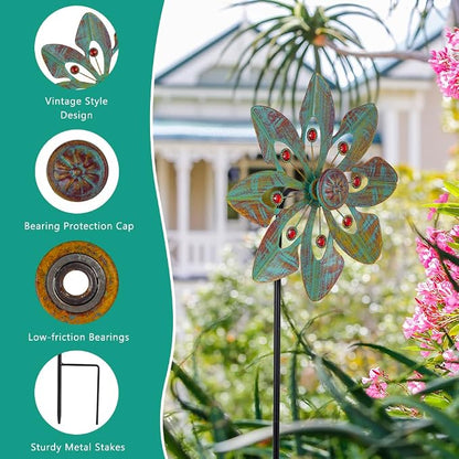 VEWOGARDEN 2 Pack Wind Spinners Outdoor, Metal Wind Spinner with Flower Design for Yard Garden Lawn Decorations, Copper Green