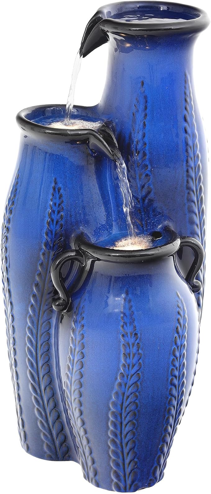 29.5" H Ceramic Outdoor Water Fountain with LED Lights, 3-Tier Vase Cascading Water Feature, Cobalt Blue with Embossed Leaf Patterns, Tranquil Waterfall for Garden, Patio, Yard, or Porch