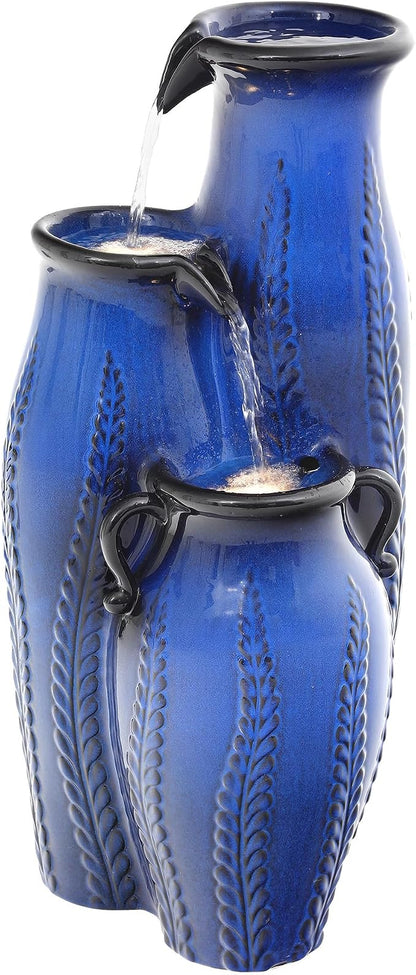 29.5" H Ceramic Outdoor Water Fountain with LED Lights, 3-Tier Vase Cascading Water Feature, Cobalt Blue with Embossed Leaf Patterns, Tranquil Waterfall for Garden, Patio, Yard, or Porch
