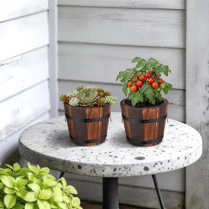 BESPORTBLE Rustic Wooden Barrel Planters: 4pcs Whiskey Barrel Bucket Flower Pots, Plants Boxes Container with Handles for Garden Outdoor Indoor Decor