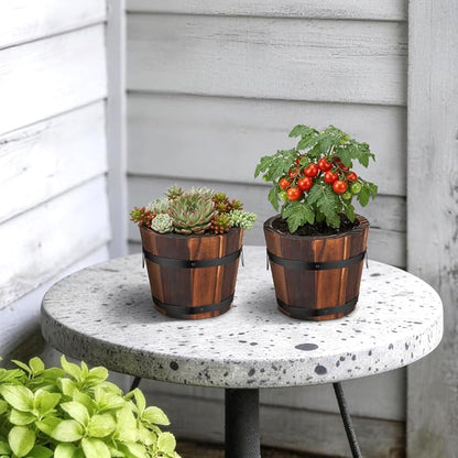 BESPORTBLE Rustic Wooden Barrel Planters: 4pcs Whiskey Barrel Bucket Flower Pots, Plants Boxes Container with Handles for Garden Outdoor Indoor Decor