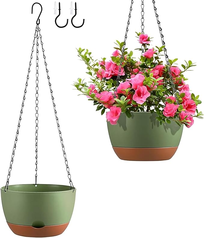 Set of 2 Hanging Planters for Indoor Outdoor Plants, 10 Inch Self-Watering Hanging Flower Pots with Drainage Hole & Removable Water-Storage Tray (Hooks)