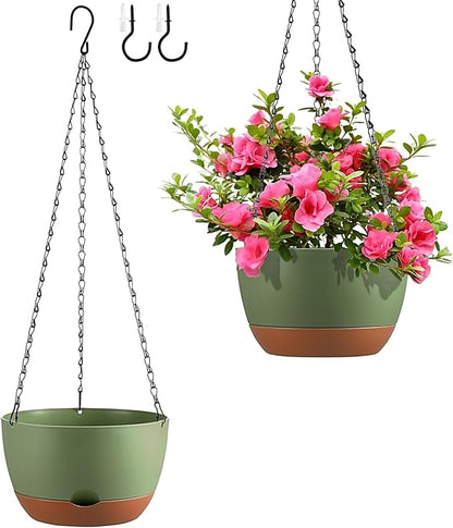 Set of 2 Hanging Planters for Indoor Outdoor Plants, 10 Inch Self-Watering Hanging Flower Pots with Drainage Hole & Removable Water-Storage Tray (Hooks)