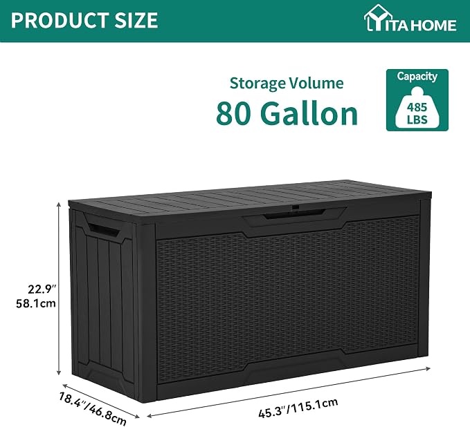 YITAHOME 80 Gallon Resin Deck Box | Weather Resistant Outdoor Rattan Storage Box, Lockable Indoor Outdoor Storage for Supplies and Essentials, Black
