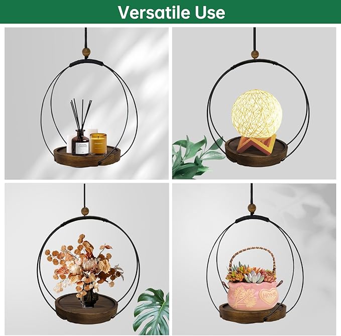 hismocal 4-Pack Hanging Plant Shelves, Wood Plant Display for 5.5" Pots | Solid Wood, Adjustable Rope, Fits Pots up to 5.5", 4-Pack