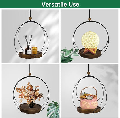 hismocal 4-Pack Hanging Plant Shelves, Wood Plant Display for 5.5" Pots | Solid Wood, Adjustable Rope, Fits Pots up to 5.5", 4-Pack