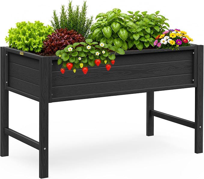 YEFU 48" Raised Garden Bed with Legs, HIPS Outdoor Garden Bed, Black | Raised Garden Bed with Legs for Patios & Decks, 30" Height, Wood-Look HIPS, Drainage, 385 lbs Support for Vegetables & Herbs