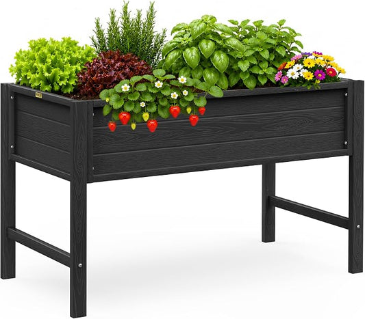 YEFU 48" Raised Garden Bed with Legs, HIPS Outdoor Garden Bed, Black | Raised Garden Bed with Legs for Patios & Decks, 30" Height, Wood-Look HIPS, Drainage, 385 lbs Support for Vegetables & Herbs
