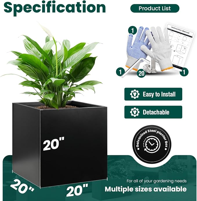 Galvanized Steel Planter Box Black Metal Planter 20Inch Large Square Indoor Outdoor Planters Cube Steel Heavy Duty Planter Powder Coating Modern Commercial Residential for Patio, Plants, Yard, Garden