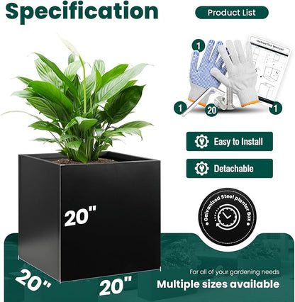 Galvanized Steel Planter Box Black Metal Planter 20Inch Large Square Indoor Outdoor Planters Cube Steel Heavy Duty Planter Powder Coating Modern Commercial Residential for Patio, Plants, Yard, Garden