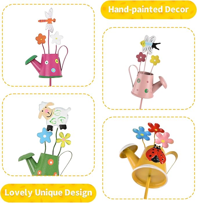 Decorative Garden Stakes Set Metal Garden Ornaments Waterproof Decorations for Indoor Outdoor Yard Patio Plant Pot (Watering can-4PCS)