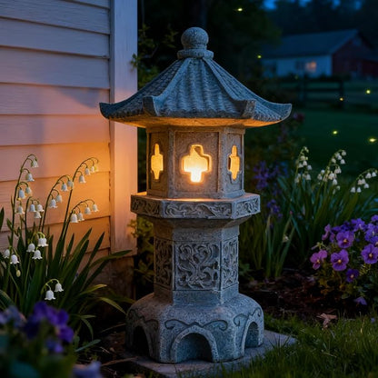 Zen Garden Pagoda Statue Solar Lantern Lights Outdoor Pathway Japanese Garden Decor for Backyard Patio Front Porch Zen Desk Yard Decoration Resin Asian Lantern Lawn Ornaments