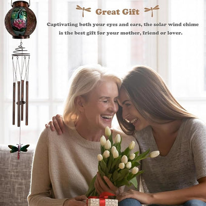 Solar Wind Chimes for Outdoor, Dragonfly Garden Decorations Memorial Wind Chimes Deep Tone, Sympathy Windchimes with Detachable Solar Lanterns Outside Garden Décor, Gifts for Mom, Grandma-Dragonfly