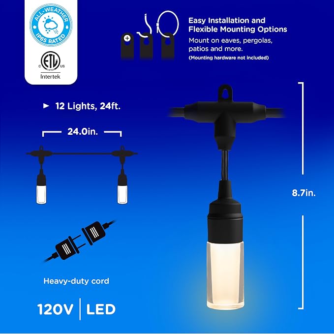 Enbrighten Modern Outdoor String Lights, 24ft, 12 Cylindrical Shatterproof Bulbs, Cool White 4000K, Weatherproof, Commercial Grade Patio Lighting, 87750