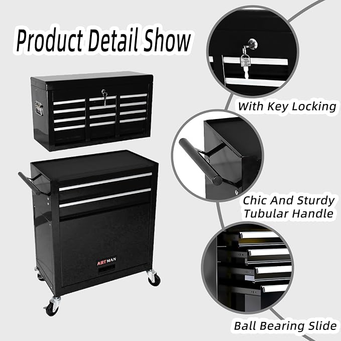 8-Drawer Tool Chest, Detachable Top Box for Garage,Black | Rolling Mobile Storage Cabinet Organizer with Lockable Wheels for Workshop Utility, Heavy Duty Metal Construction