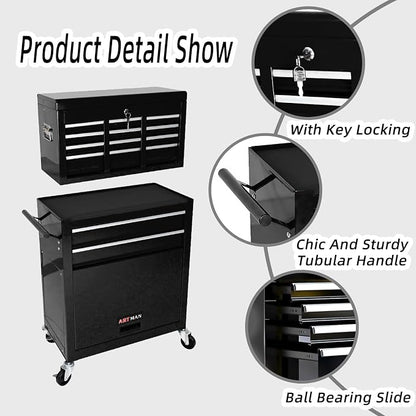 8-Drawer Tool Chest, Detachable Top Box for Garage,Black | Rolling Mobile Storage Cabinet Organizer with Lockable Wheels for Workshop Utility, Heavy Duty Metal Construction