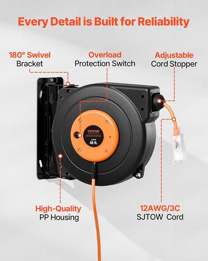 VEVOR Retractable Extension Cord Reel, 45 FT, Heavy Duty 12AWG/3C SJTOW Power Cord, with Lighted Triple Tap Outlet, 15 Amp Circuit Breaker, 180° Swivel Bracket for Ceiling or Wall Mount | Automatic Retractable with Lighted Triple Tap Outlet, 15 Amp Cir...