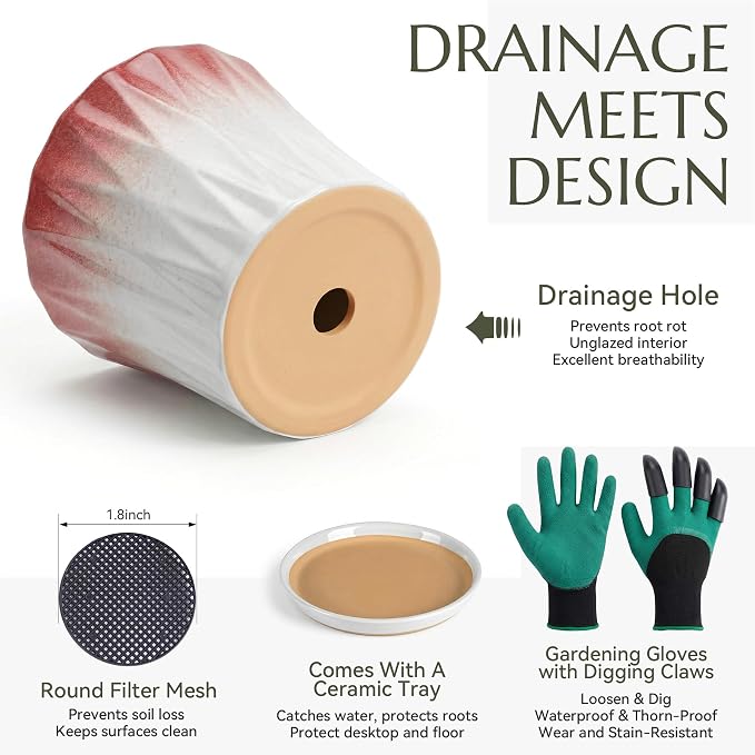 8.3 Inch Ceramic pots for Plants with Saucer Drainage Leak-Proof Mesh, Round Plant Pot with Gardening Gloves for Indoor Outdoor Plants (Rippled Pink)