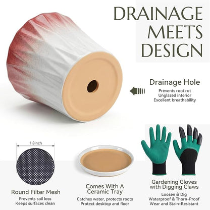8.3 Inch Ceramic pots for Plants with Saucer Drainage Leak-Proof Mesh, Round Plant Pot with Gardening Gloves for Indoor Outdoor Plants (Rippled Pink)