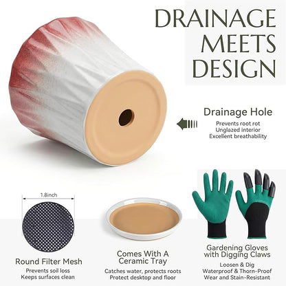 10 Inch Ceramic pots for Plants with Saucer Drainage Leak-Proof Mesh, Round Plant Pot with Gardening Gloves for Indoor Outdoor Plants (Rippled Pink)