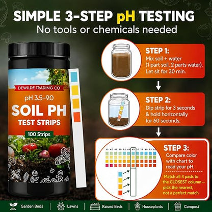 Soil Test Kit – 100 Soil pH Test Strips (3.5–9 Range) for Garden, Lawn & Indoor Plants – Easy At-Home Soil Testing