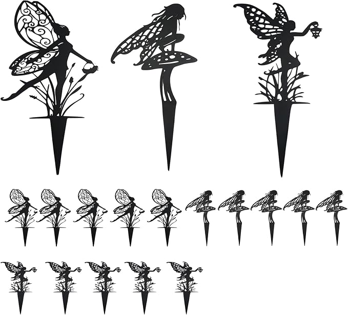 Decorative Garden Stakes， Fairy Garden Stakes, Butterfly Fairy Stakes for Weather Resistant Black Metal Outdoor Decorative Art for Women Gift (Matte Black, 18P-A)
