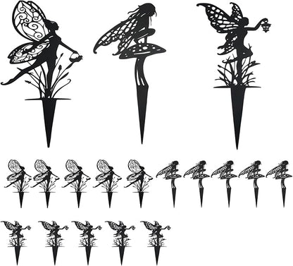 Decorative Garden Stakes， Fairy Garden Stakes, Butterfly Fairy Stakes for Weather Resistant Black Metal Outdoor Decorative Art for Women Gift (Matte Black, 18P-A)