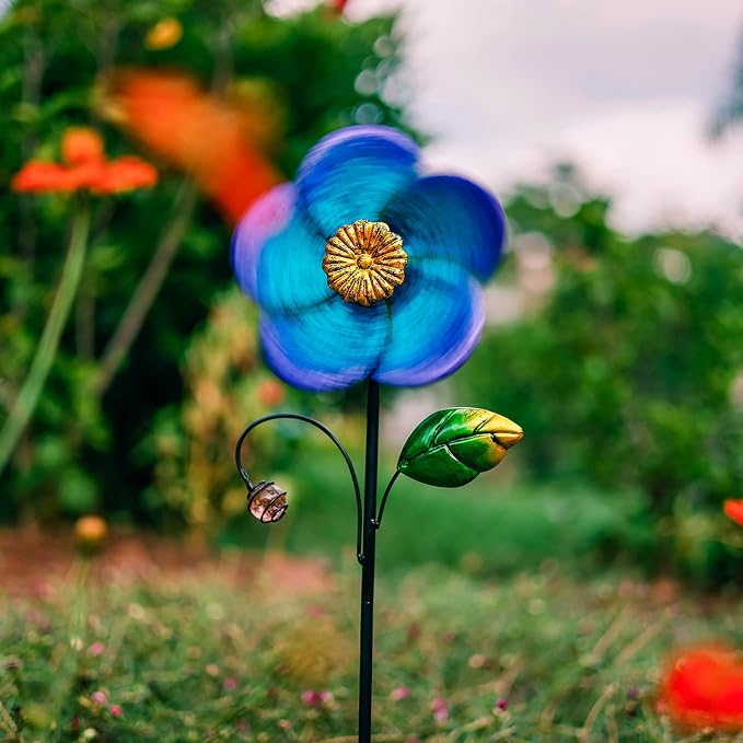 Viveta Wind Spinner with Metal Stake, Garden Pinwheels | Blue Flower Shape Design Wind Spinners for Yard Lawn Patio Decor, 28.7 inches