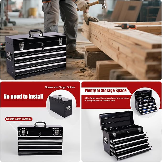 4 Drawers Metal Tool Box, 21'' Portable Metal Tool Box with EVA Liners & Auto-Locking Mechanism, Heavy Duty Steel Tool Chest with Ball-Bearing Drawer Slides & Convenient Top Handle, Black