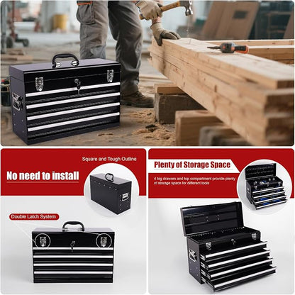 4 Drawers Metal Tool Box, 21'' Portable Metal Tool Box with EVA Liners & Auto-Locking Mechanism, Heavy Duty Steel Tool Chest with Ball-Bearing Drawer Slides & Convenient Top Handle, Black
