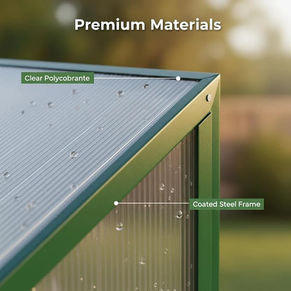 8x8 FT Greenhouse, Walk-in Polycarbonate Greenhouses with Double Sliding Doors, Aluminum Frame, Adjustable Roof Vent, Raised Base & Anchor, Outdoor Backyard Greenhouse for All Seasons, Green