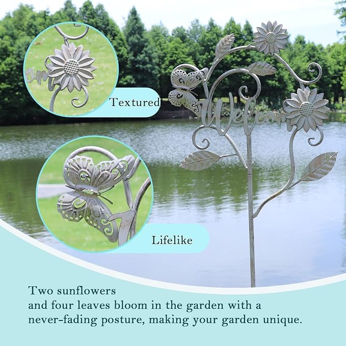 Decorative Garden Stakes with Welcome Sign,Metal Garden Stakes Yard Decor | 56"H Metal Flower Outdoor Yard Decoration,Lawn and Flower Bed Outdoor Garden Decor