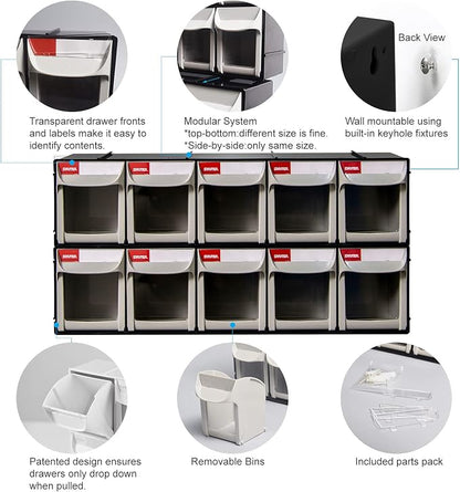 SHUTER Plastic Small Parts Organizer, Dental Tilt out Storage Container System, Tip Out bin for screws, nuts, small tools, Kits Included, Stackable Storage Bins with 5 Drawers, Black, FO-605-BK