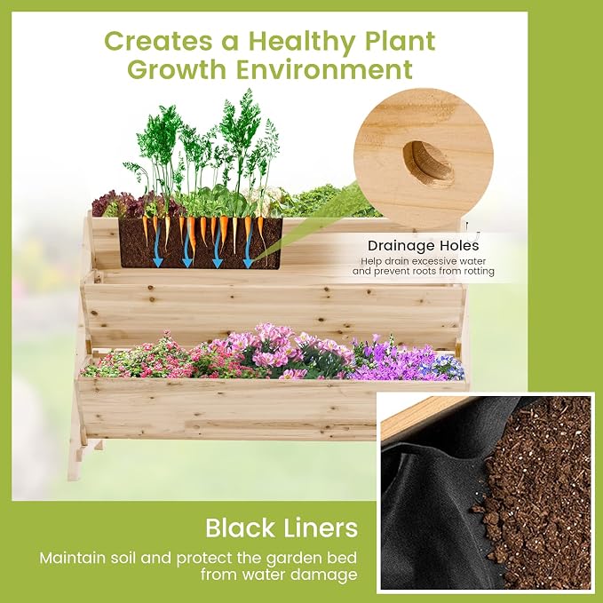 S AFSTAR 3-Tier Vertical Garden Bed, Wooden Elevated Planter Bed with Legs, Storage Shelf, 2 Hooks, Raised Bed Kit for Flower Vegetable Herb, Outdoor Plant Box Stand for Yard Garden & Balcony