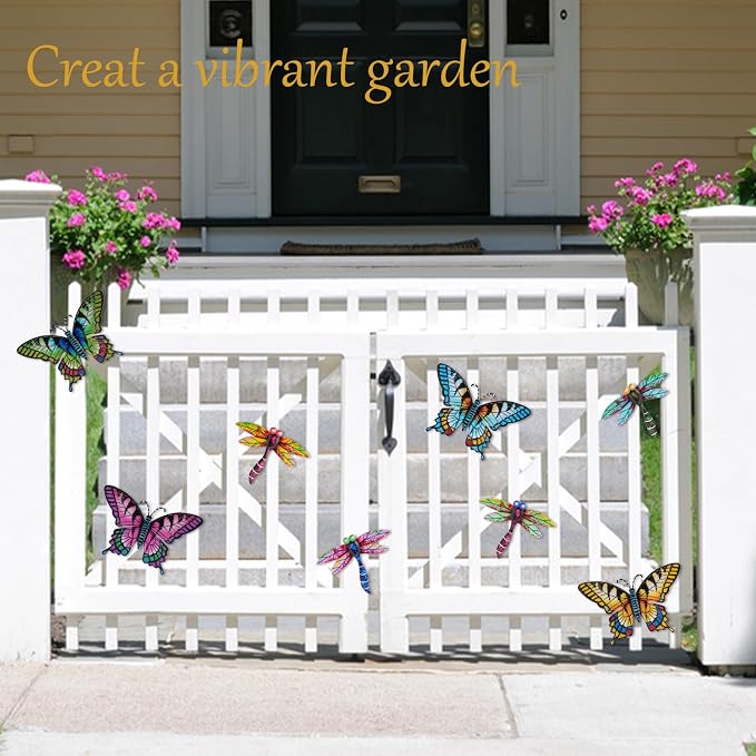 DEWEL 8 Pcs Metal Garden Decor for Outside, Butterfly Dragonfly Wall Decor Outdoor Wall Art, Colorful Hanging Decorations Wall Decor for Garden Fence Patio Yard, Great Gift Choice