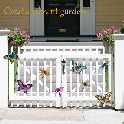 DEWEL 8 Pcs Metal Garden Decor for Outside, Butterfly Dragonfly Wall Decor Outdoor Wall Art, Colorful Hanging Decorations Wall Decor for Garden Fence Patio Yard, Great Gift Choice