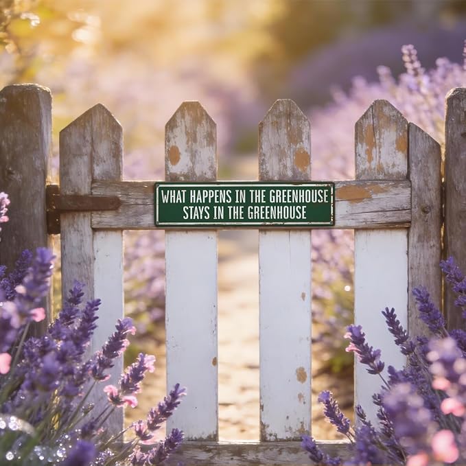 Greenhouse Metal Tin Sign, Rustic Farmhouse Garden Decor, What Happens in the Greenhouse Stays Sign, Vintage Garden Wall Art, for Greenhouses Yard Fence Porch,15.7 x 3.9 Inches