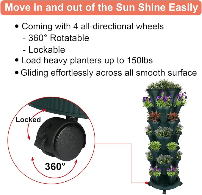 GameXcel Vertical Planter Tower - 7 Tier Stackable Garden Planters with Wheels and Tools Plant Pots for Strawberry Herb Flower and Vegetable Indoor Outdoor Use Green
