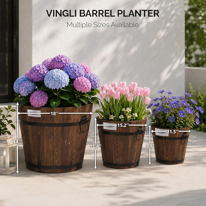 VINGLI 3 PCS Large Wooden Planter Barrel Set, 11.5"(Dia)- 18"(Dia) Real Wood Indoor/Outdoor Flower Pot w/Drainage Holes, Different Sizes, Large Garden Container Box
